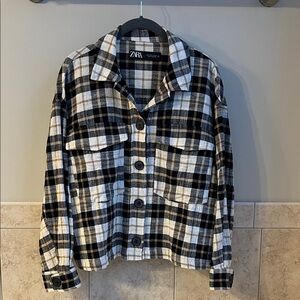 Zara Women's Checkered Utility Jacket in Black, White and Tan. Like new. Small